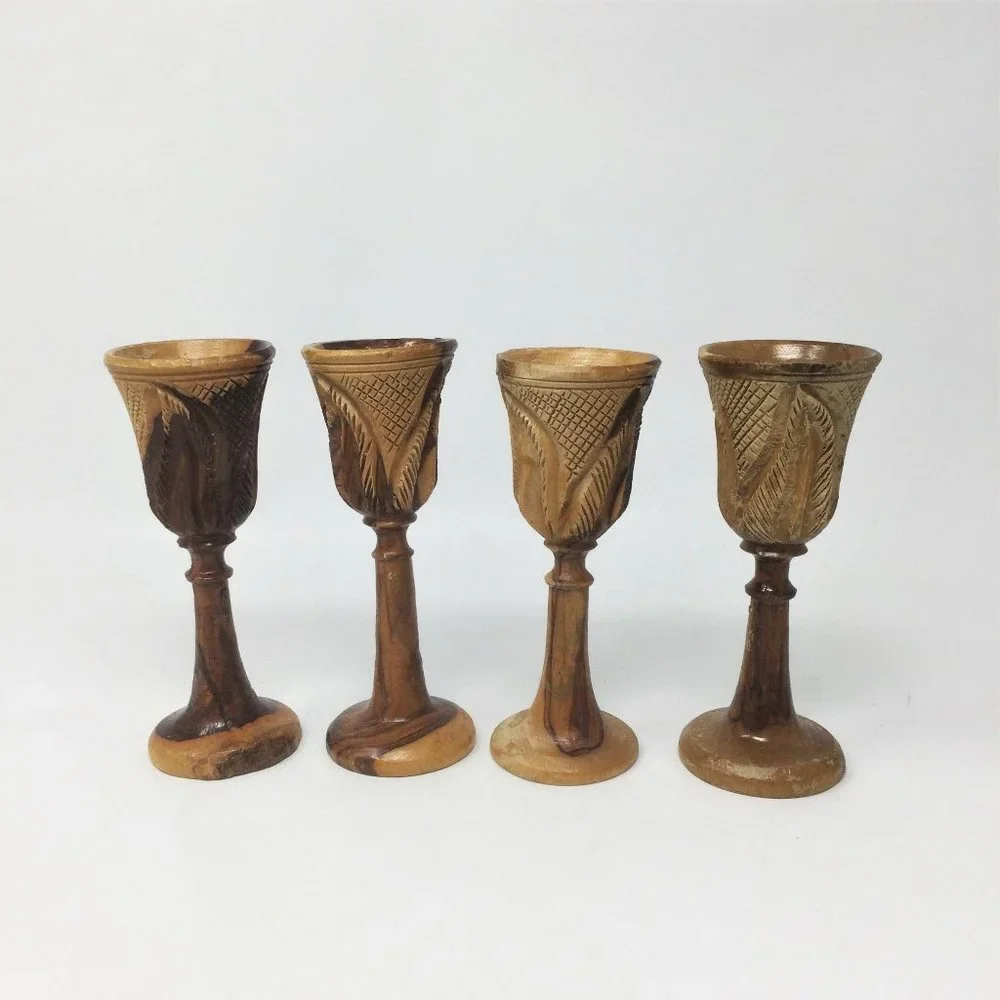 4 Vintage Wood Hand Carved Goblets Small